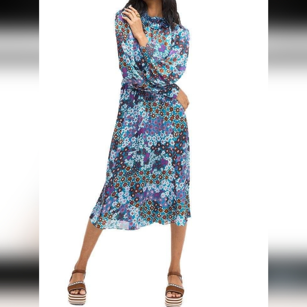 Kate Spade 100% Silk Pacific Petals Chiffon Puff Ruffle Midi Dress, Sz 8